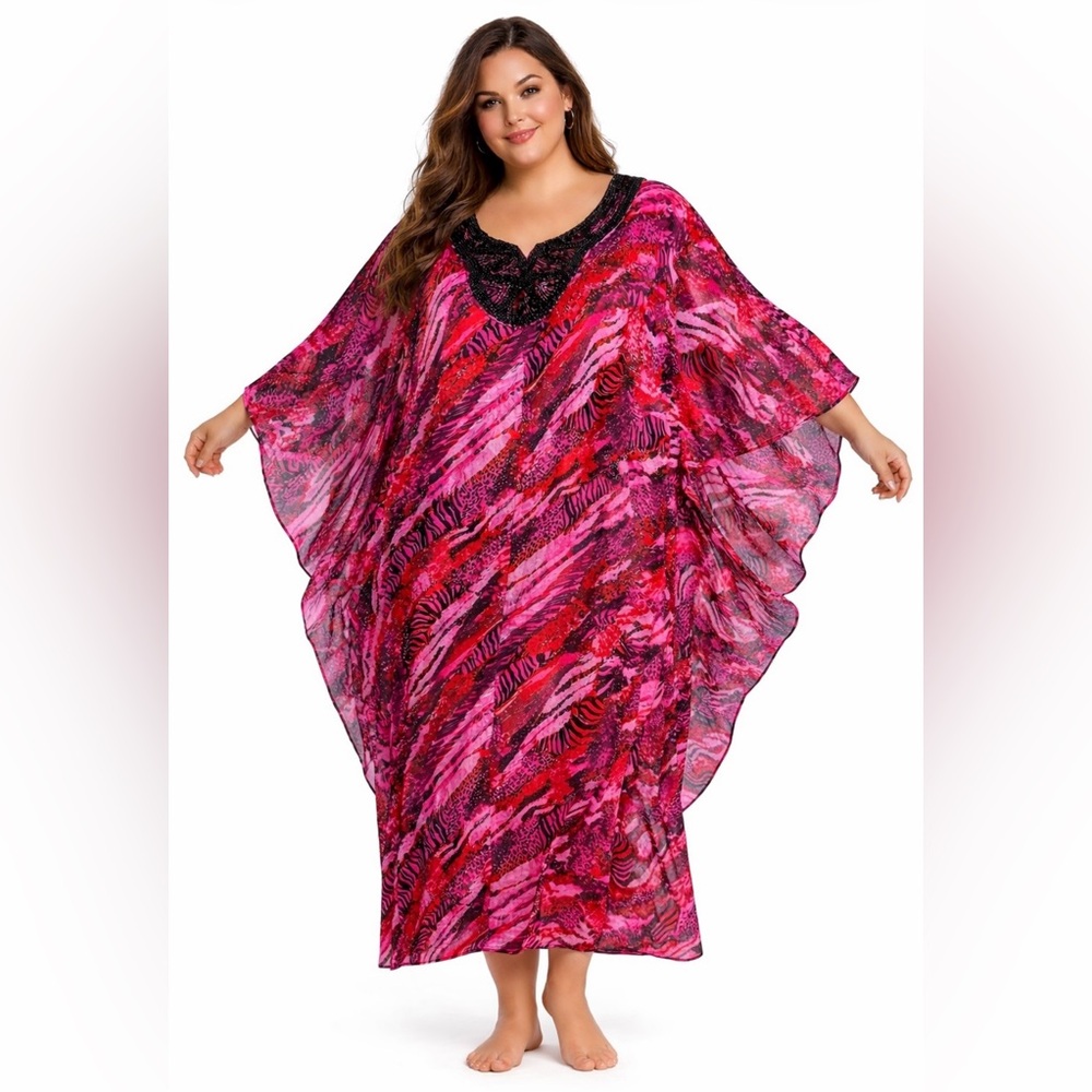 Swimsuits For All Beaded Caftan MuMu Cover Up Pink Red Purple Print 18/20 2XL